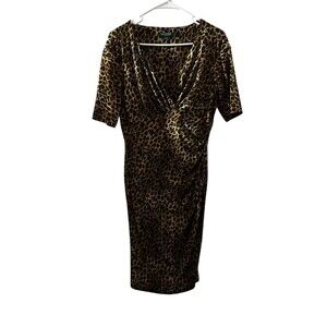 Rare Lauren Ralph Lauren Leopard Sheath Print Dress Ruched V Neck Size 10